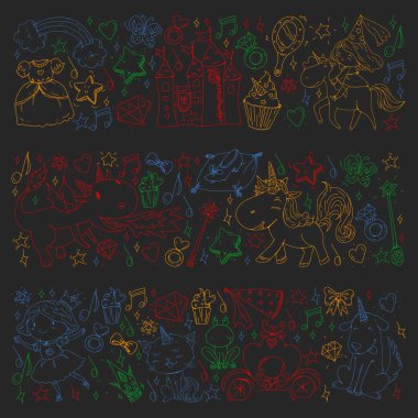 Peri Prenses ve sihirli tek boynuzlu atlar. Vektör desen sihirli kediler, atlar, köpekler.