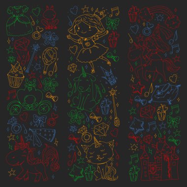 Peri Prenses ve sihirli tek boynuzlu atlar. Vektör desen sihirli kediler, atlar, köpekler.