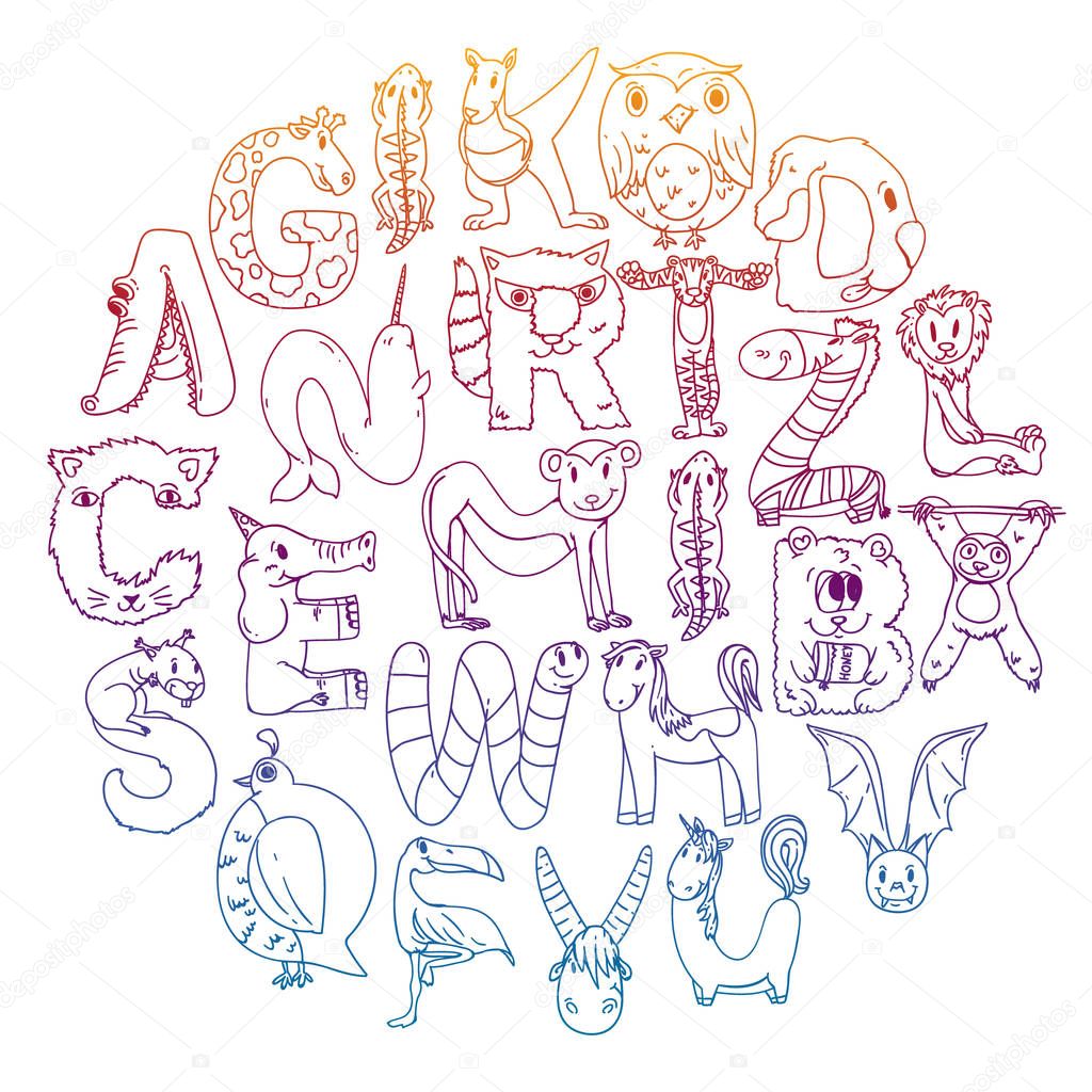 Animal alphabet. Letters from A to Z. Flamingo, giraffe, horse, alligator, bear, cat, dog, elephant