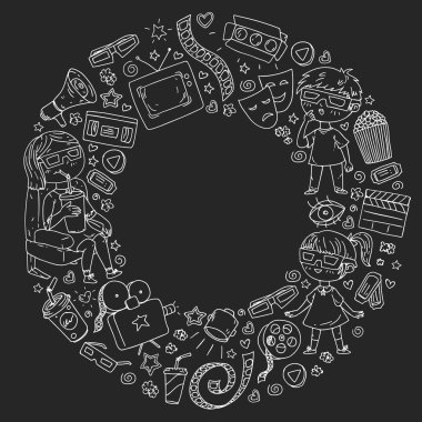 Sinema, TV, patlamış mısır ve video kliplerinin sinema simgeleriyle vektör deseni.