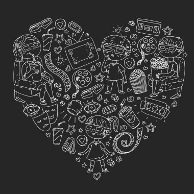 Sinema, TV, patlamış mısır ve video kliplerinin sinema simgeleriyle vektör deseni.