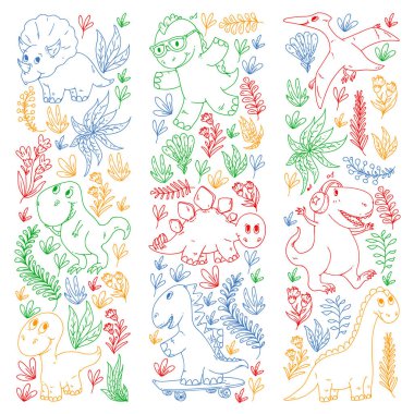 Desen çocuk kumaş, tekstil, kreş duvar kağıdı. Vektör illüstrasyon. El çizilmiş dinozorlar, küçük çocuklar için dino.