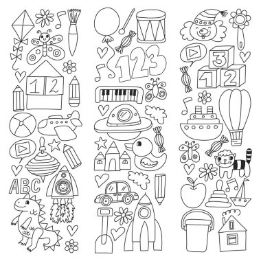 Çocuk oyuncakları ile vektör deseni. Robot, roket, at, bebek