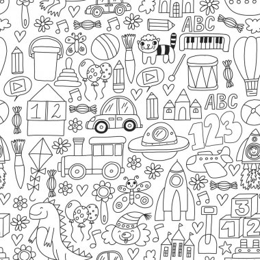 Çocuk oyuncakları ile vektör deseni. Robot, roket, at, bebek