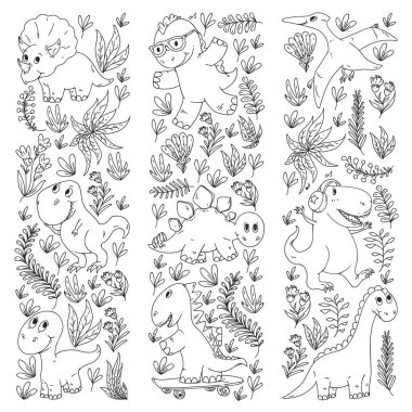 Desen çocuk kumaş, tekstil, kreş duvar kağıdı. Vektör illüstrasyon. El çizilmiş dinozorlar, küçük çocuklar için dino.