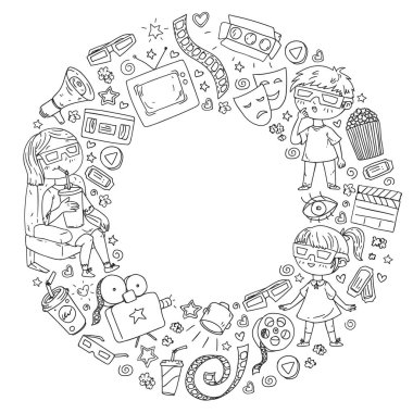 Sinema, televizyon, patlamış mısır ve video kliplerin ikonlarıyla vektör deseni. Anaokulu ve okul çocukları film izliyor..