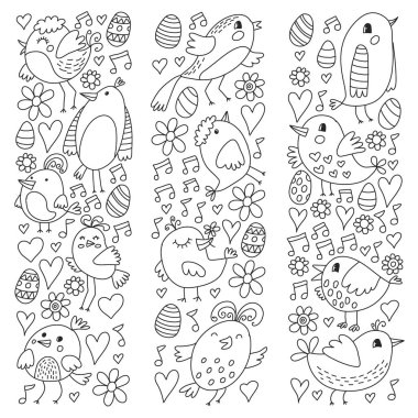 Desen çocuk kumaş, tekstil, kreş duvar kağıdı. Vektör Illustration. Küçük çocuklar için el çizilmiş şarkı kuşlar ve çiçekler.