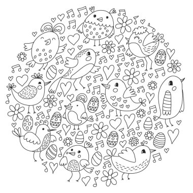 Desen çocuk kumaş, tekstil, kreş duvar kağıdı. Vektör Illustration. Küçük çocuklar için el çizilmiş şarkı kuşlar ve çiçekler.