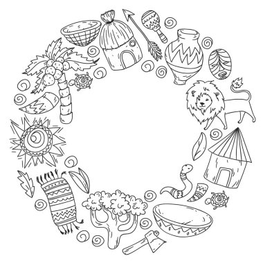 Vektör desen çocuk kumaş, tekstil, kreş duvar kağıdı. Küçük çocuklar için kabile elemanları ve hayvanlar ile Afrika desen.