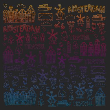 Holland, Hollanda, Amsterdam simgeler vektör desen. Doodle stili.
