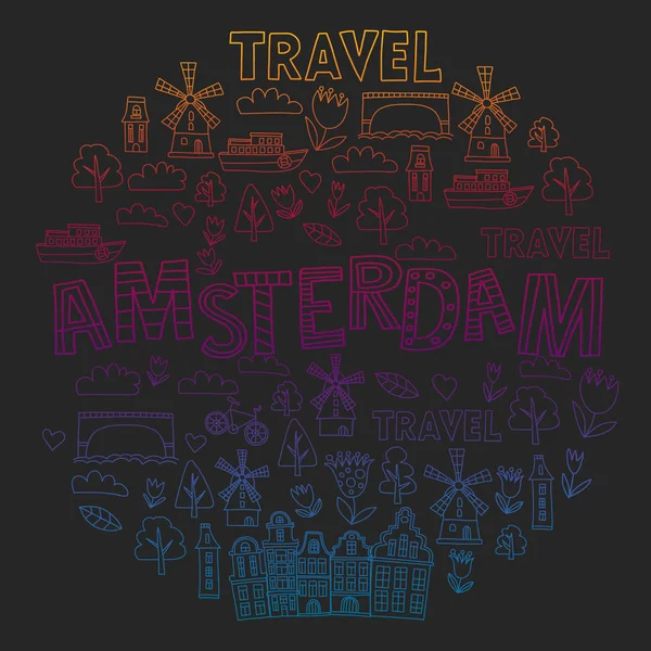 Vector patroon met Holland, Nederland, Amsterdam pictogrammen. Doodle stijl. — Stockvector