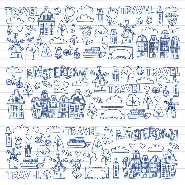 Vector pattern with Holland, Netherlands, Amsterdam icons. Doodle style. — Stock Vector
