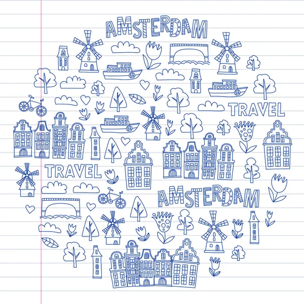 Vektormuster mit holländischen, niederländischen und amsterdam-Symbolen. Doodle-Stil. — Stockvektor