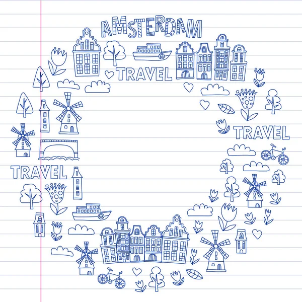 Vektormuster mit holländischen, niederländischen und amsterdam-Symbolen. Doodle-Stil. — Stockvektor