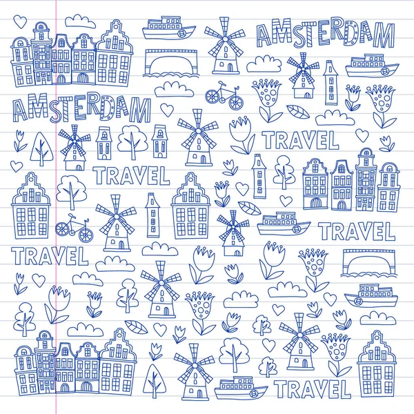 Patrón vectorial con Holanda, Países Bajos, Amsterdam iconos. Estilo Doodle . — Vector de stock