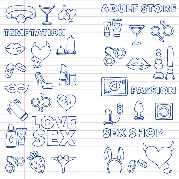 Vektor set med sex shop ikoner. Erotiska fetish spel bakgrund. — Stock vektor