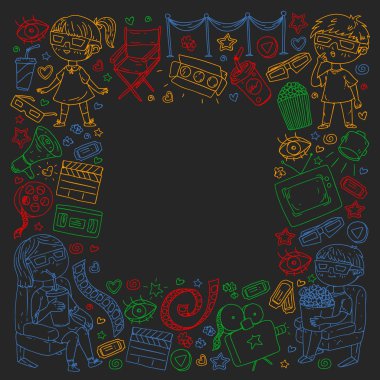 Sinema, TV, patlamış mısır ve video kliplerinin sinema simgeleriyle vektör deseni.