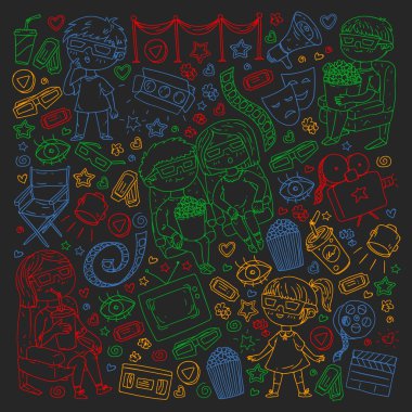 Sinema, TV, patlamış mısır ve video kliplerinin sinema simgeleriyle vektör deseni.