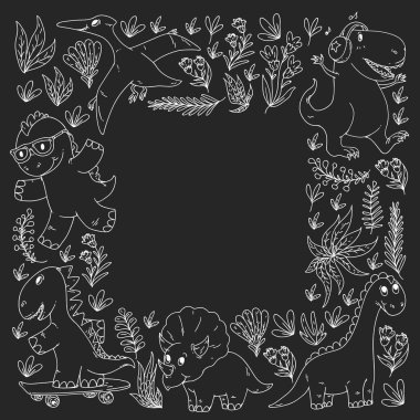 Desen çocuk kumaş, tekstil, kreş duvar kağıdı. Vektör illüstrasyon. El çizilmiş dinozorlar, küçük çocuklar için dino.