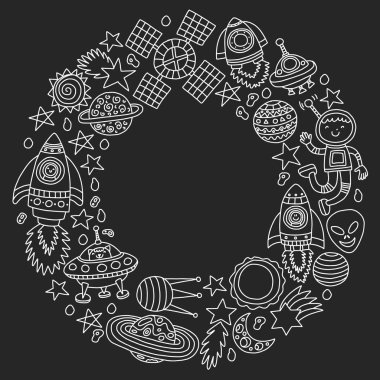 Boşluk simgeleri, gezegenler, uzay gemisi, yıldızlar, kuyruklu yıldızları, roketler, uzay mekiği, uçan daire ile vektör deseni.