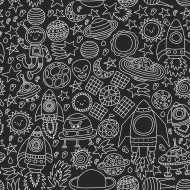Boşluk simgeleri, gezegenler, uzay gemisi, yıldızlar, kuyruklu yıldızları, roketler, uzay mekiği, uçan daire ile vektör deseni.
