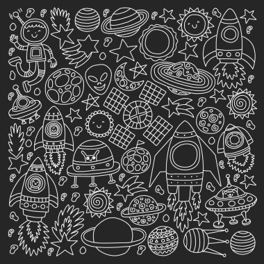 Boşluk simgeleri, gezegenler, uzay gemisi, yıldızlar, kuyruklu yıldızları, roketler, uzay mekiği, uçan daire ile vektör deseni.