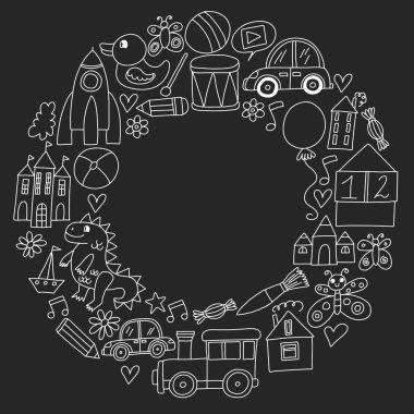 Çocuk oyuncakları ile vektör deseni. Robot, roket, at, bebek