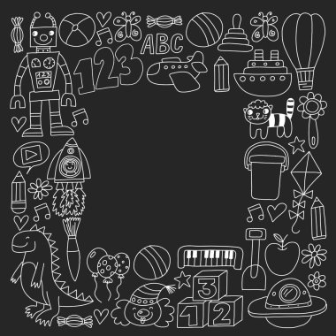 Çocuk oyuncakları ile vektör deseni. Robot, roket, at, bebek