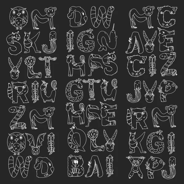 Animal alphabet. Letters from A to Z. Flamingo, giraffe, horse, alligator, bear, cat, dog, elephant — Stock Vector