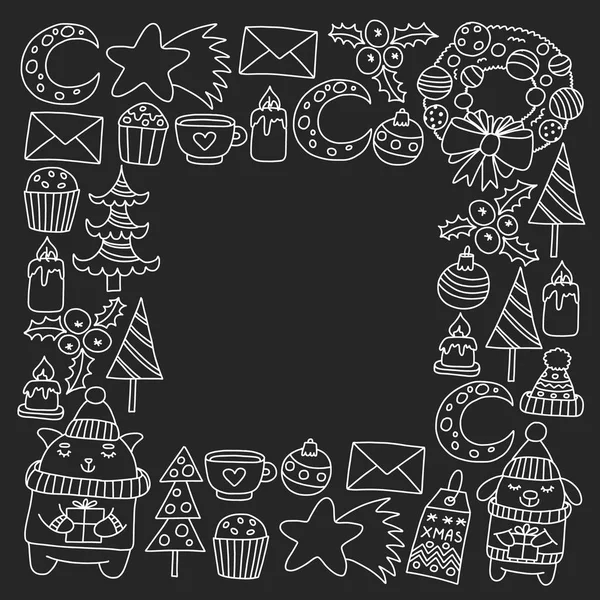 Зимний векторный рисунок Рождества для упаковки бумаги с подарками, милый мультяшных животных. Новогодний праздник . — стоковый вектор