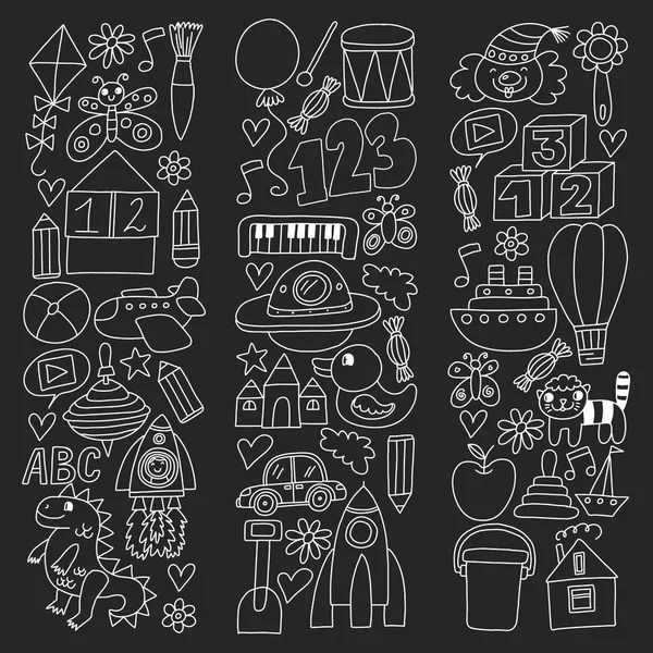 Patrón vectorial con juguetes para niños. Robot, cohete, caballo, muñecas — Vector de stock