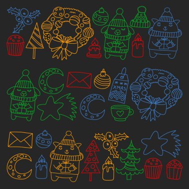 Hediyeler, Sevimli karikatür hayvanlar ile kağıt sarma için kış Noel vektör deseni. Yeni yıl kutlama.