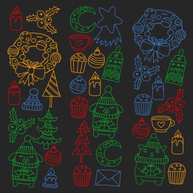 Hediyeler, Sevimli karikatür hayvanlar ile kağıt sarma için kış Noel vektör deseni. Yeni yıl kutlama.