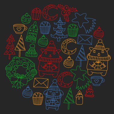 Hediyeler, Sevimli karikatür hayvanlar ile kağıt sarma için kış Noel vektör deseni. Yeni yıl kutlama.