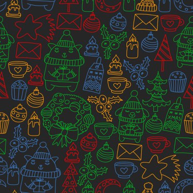 Hediyeler, Sevimli karikatür hayvanlar ile kağıt sarma için kış Noel vektör deseni. Yeni yıl kutlama.