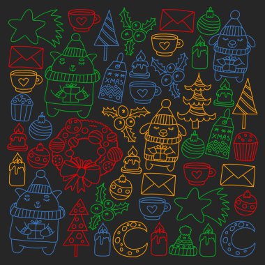 Hediyeler, Sevimli karikatür hayvanlar ile kağıt sarma için kış Noel vektör deseni. Yeni yıl kutlama.