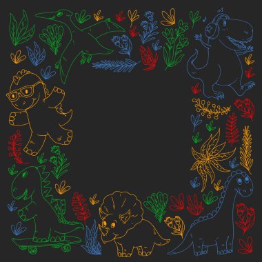 Desen çocuk kumaş, tekstil, kreş duvar kağıdı. Vektör illüstrasyon. El çizilmiş dinozorlar, küçük çocuklar için dino.