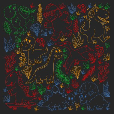 Desen çocuk kumaş, tekstil, kreş duvar kağıdı. Vektör illüstrasyon. El çizilmiş dinozorlar, küçük çocuklar için dino.