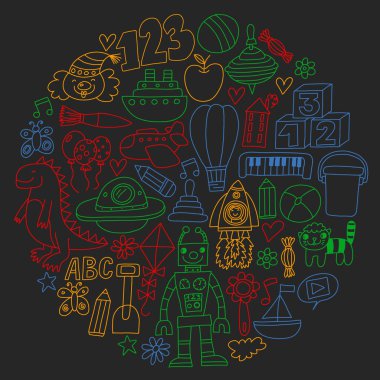 Çocuk oyuncakları ile vektör deseni. Robot, roket, at, bebek