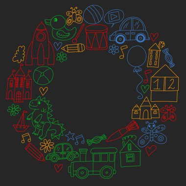 Çocuk oyuncakları ile vektör deseni. Robot, roket, at, bebek