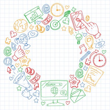 Dijital pazarlama, sosyal medya, iletişim, yönetim. Arka plan afiş için.