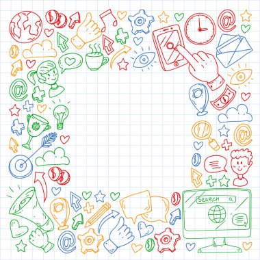 Dijital pazarlama, sosyal medya, iletişim, yönetim. Arka plan afiş için.