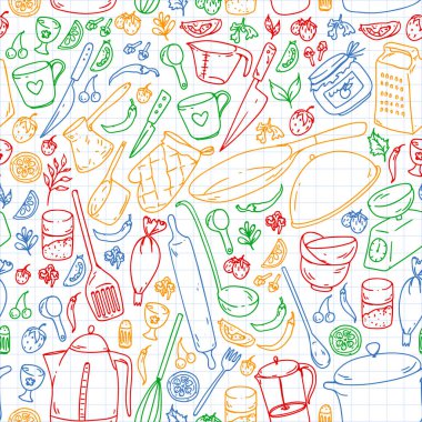 Aşçılık dersi. Menü. Mutfak gereçleri, mutfak eşyaları. Gıda ve mutfak simgeleri.