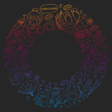 Japonya. Japon geleneksel öğeleri ile vektör desen. Fuji Dağı, sacura çiçekler, origami.