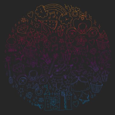 Doğum günü partisi Prenses tarzı. Farklı öğeleri vektör kümesi küçük kızlar için. Paket kağıdı, duvar kağıdı.