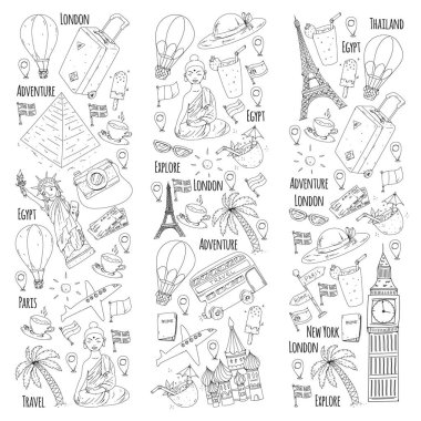 Seyahat simgeleriyle vektör deseni. Harika tatiller, tatiller. Sıcak hava balonu, bavul. Maceralar ve seyahat.