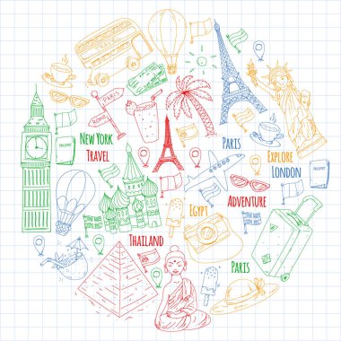 Seyahat simgeleriyle vektör deseni. Harika tatiller, tatiller. Sıcak hava balonu, bavul. Maceralar ve seyahat.