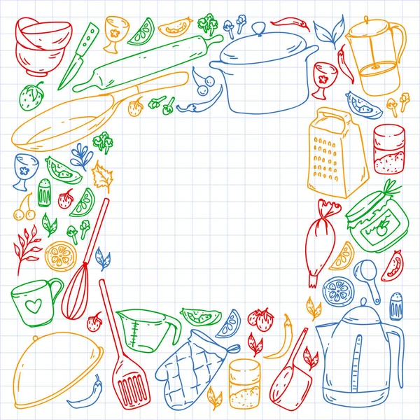 Μάθημα μαγειρικής. Μενού. Μαγειρικά σκεύη, Κουζινικά. Εικόνες τροφίμων και κουζίνας. — Διανυσματικό Αρχείο