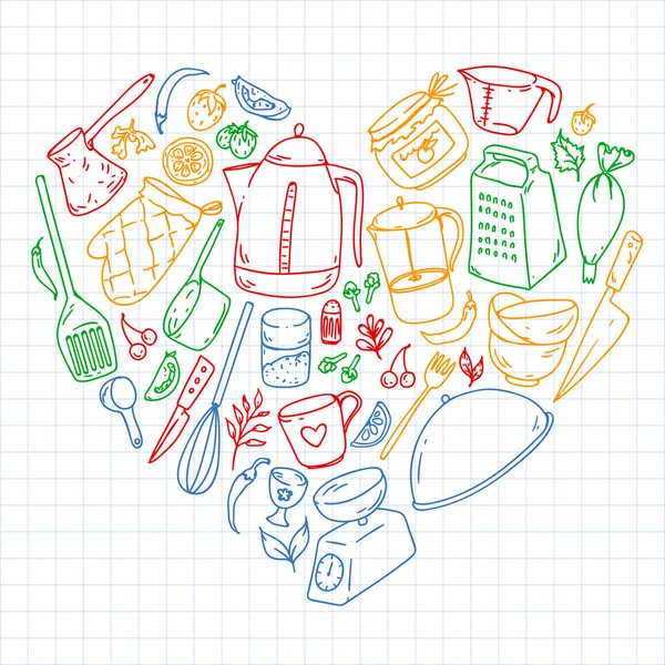 Clase de cocina. Menú. Utensilios de cocina, utencils. Iconos de comida y cocina . — Vector de stock