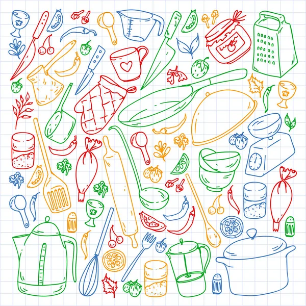 Aşçılık dersi. Menü. Mutfak gereçleri, mutfak eşyaları. Gıda ve mutfak simgeleri. — Stok Vektör